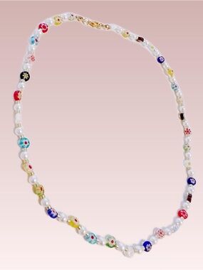 Handcrafted Milifiore Glass and Pearl Beaded Necklace - Y2K 90s Boho Hippie